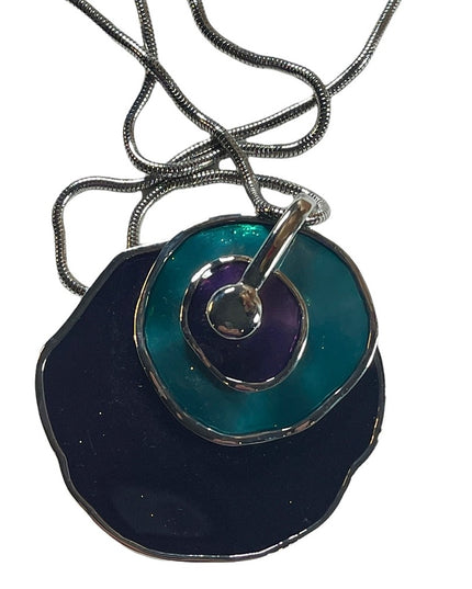 Vintage 1980s Silver finish Purple & teal abstract disk chunky necklace