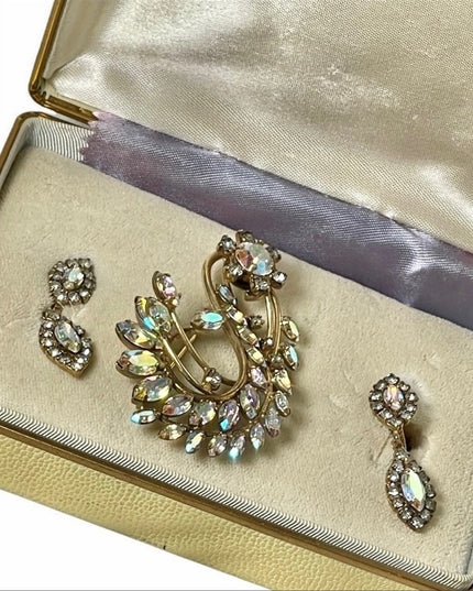 Vintage JAY FLEX Sterling AB brooch & screw back earrings Orig box 1950s