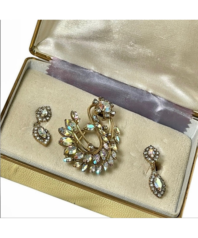 Vintage JAY FLEX Sterling AB brooch & screw back earrings Orig box 1950s