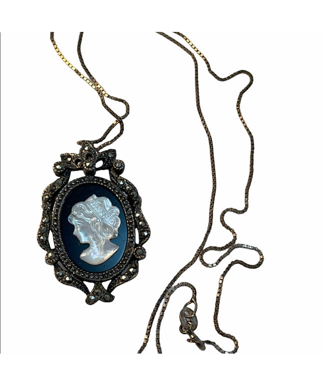 Vintage sterling silver 925 Mother of pearl  blk onyx marcasite cameo necklace