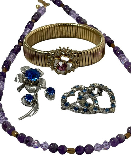 LOT OF VINTAGE Jewelry 2 brooches bracelet necklace amethyst crystal gol…