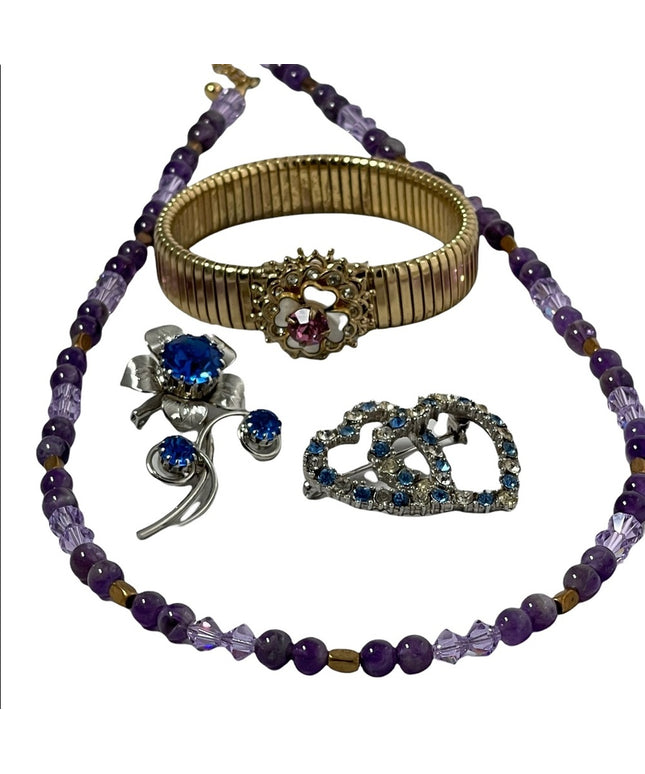 LOT OF VINTAGE Jewelry 2 brooches bracelet necklace amethyst crystal gol…