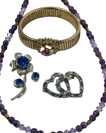LOT OF VINTAGE Jewelry 2 brooches bracelet necklace amethyst crystal gol…