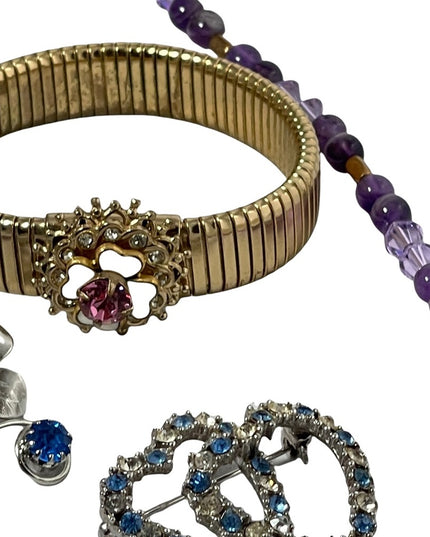 LOT OF VINTAGE Jewelry 2 brooches bracelet necklace amethyst crystal gol…