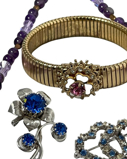 LOT OF VINTAGE Jewelry 2 brooches bracelet necklace amethyst crystal gol…