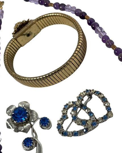 LOT OF VINTAGE Jewelry 2 brooches bracelet necklace amethyst crystal gol…