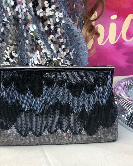 Vintage Scallop Bead evening bag purse Black & silver