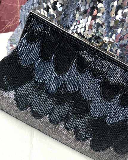 Vintage Scallop Bead evening bag purse Black & silver