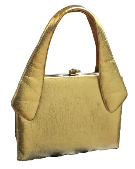Vintage Large gold Metalic fancy patent leather purse Mid century 1950s Glam