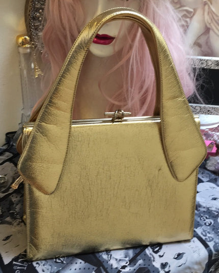 Vintage Large gold Metalic fancy patent leather purse Mid century 1950s Glam
