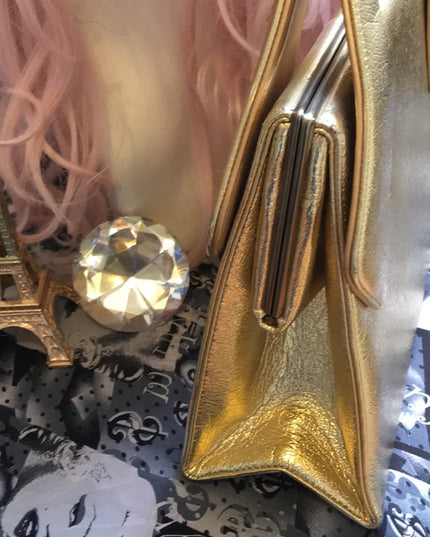 Vintage Large gold Metalic fancy patent leather purse Mid century 1950s Glam