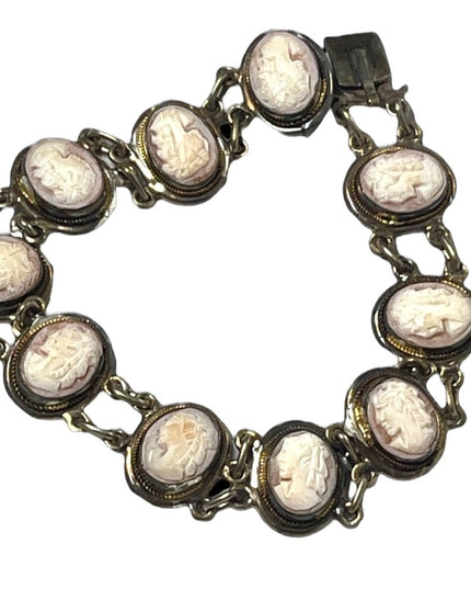 Vintage 800 Silver shell Cameo link bracelet appx 1930s