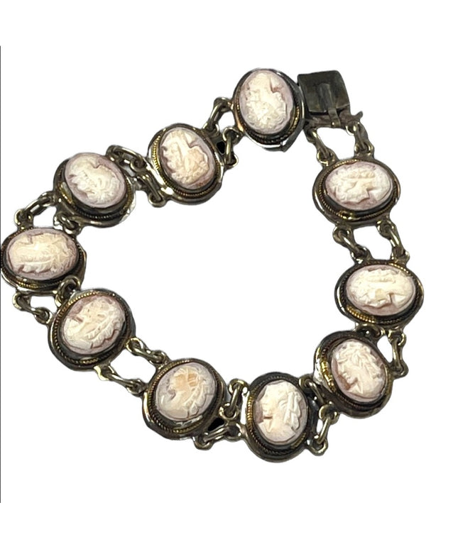 Vintage 800 Silver shell Cameo link bracelet appx 1930s
