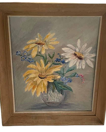 Vintage signed oil painting on board flowers wood frame