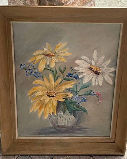 Vintage signed oil painting on board flowers wood frame
