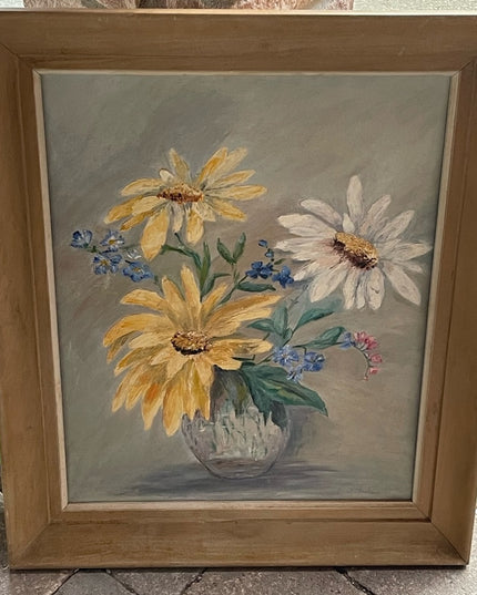 Vintage signed oil painting on board flowers wood frame