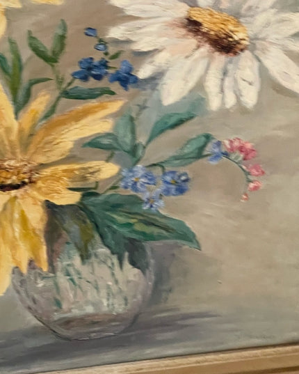 Vintage signed oil painting on board flowers wood frame