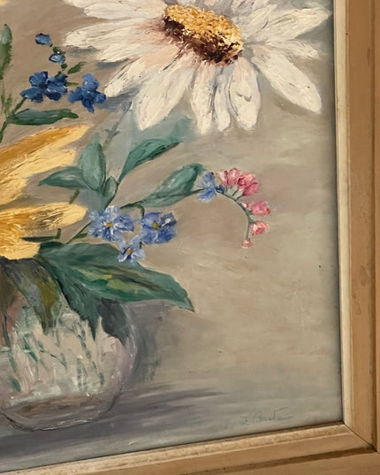 Vintage signed oil painting on board flowers wood frame