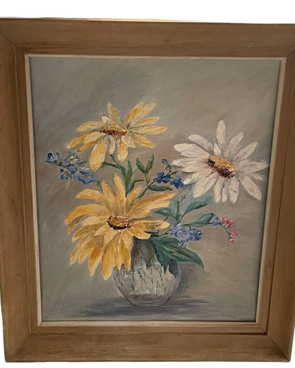 Vintage signed oil painting on board flowers wood frame