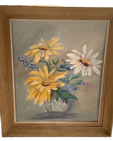 Vintage signed oil painting on board flowers wood frame