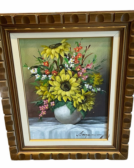 Beautiful vintage flower painting daffodil signed ornate wood frame