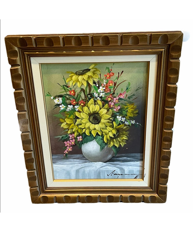Beautiful vintage flower painting daffodil signed ornate wood frame