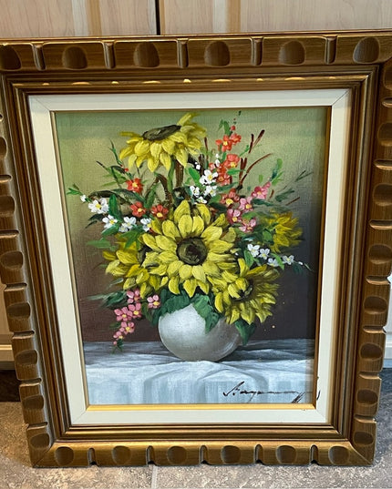 Beautiful vintage flower painting daffodil signed ornate wood frame