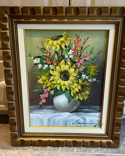 Beautiful vintage flower painting daffodil signed ornate wood frame