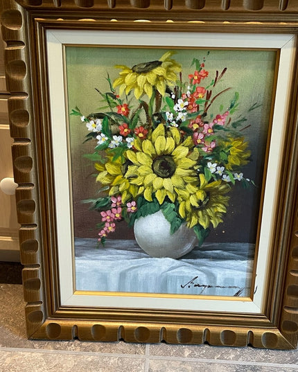 Beautiful vintage flower painting daffodil signed ornate wood frame