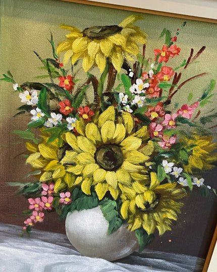 Beautiful vintage flower painting daffodil signed ornate wood frame