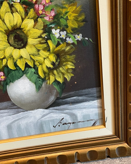 Beautiful vintage flower painting daffodil signed ornate wood frame
