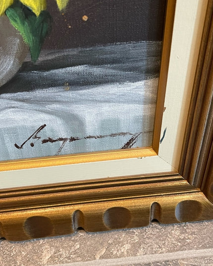 Beautiful vintage flower painting daffodil signed ornate wood frame