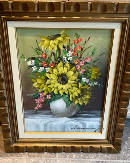 Beautiful vintage flower painting daffodil signed ornate wood frame