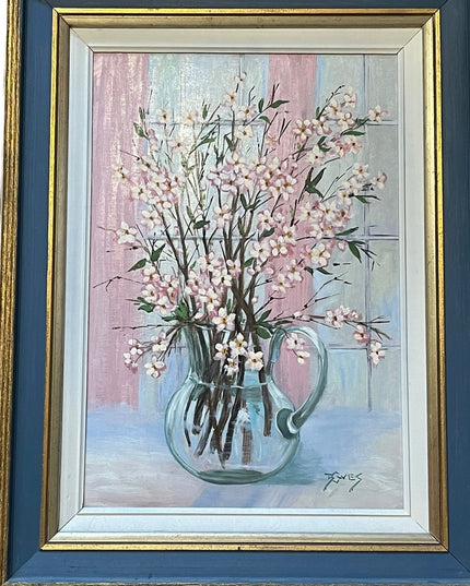 Vintage Signed  artist Flowers wood framed oil painting