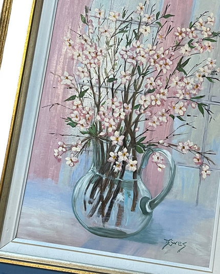 Vintage Signed  artist Flowers wood framed oil painting