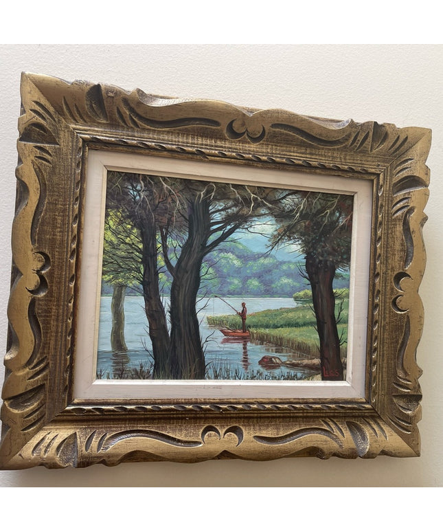 Vintage colorful cottage fishing lake painting 1970s ornate wood frame