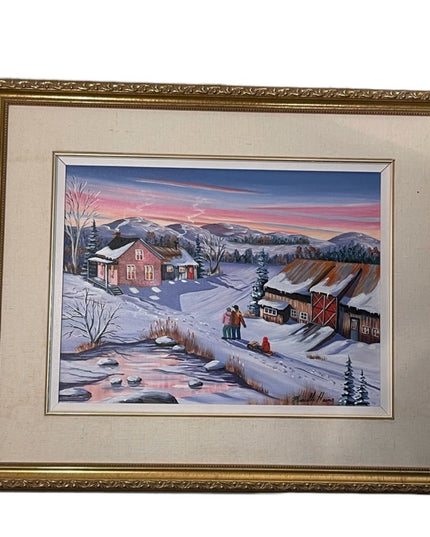 Murielle Hains  signed Oil on Canvas winter scene Painting