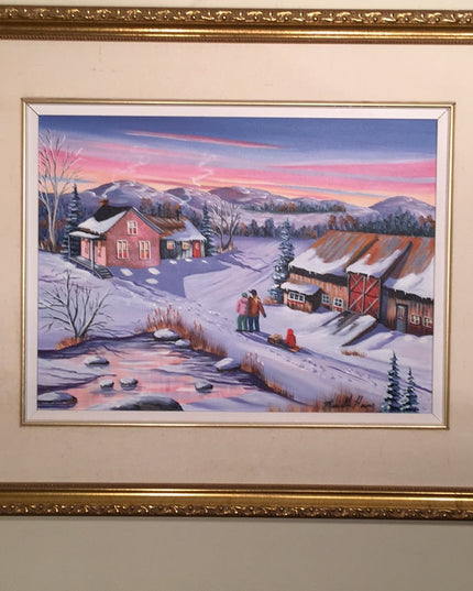 Murielle Hains  signed Oil on Canvas winter scene Painting