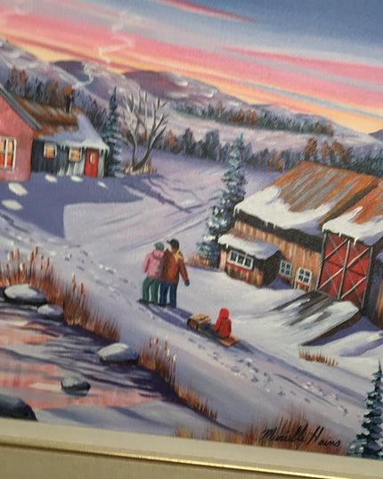 Murielle Hains  signed Oil on Canvas winter scene Painting