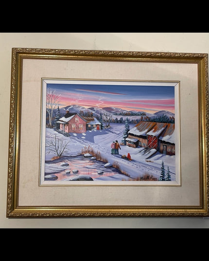 Murielle Hains  signed Oil on Canvas winter scene Painting