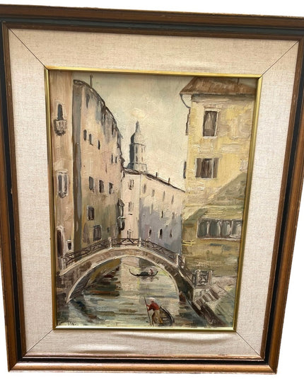 Vintage french painting signed Vittorio 1961 Venice canal framed wood masonite