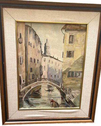 Vintage french painting signed Vittorio 1961 Venice canal framed wood masonite