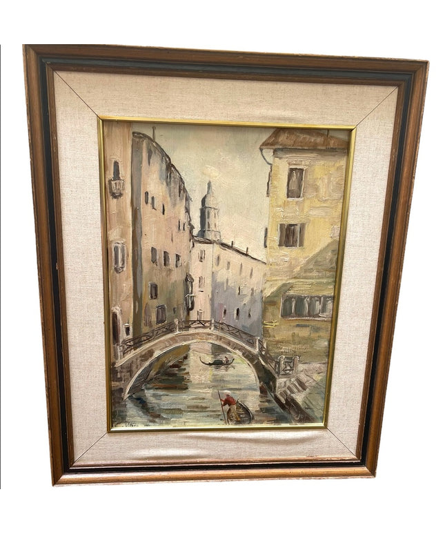 Vintage french painting signed Vittorio 1961 Venice canal framed wood masonite