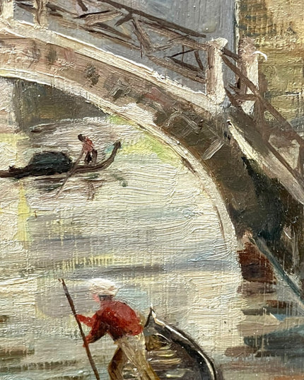 Vintage french painting signed Vittorio 1961 Venice canal framed wood masonite