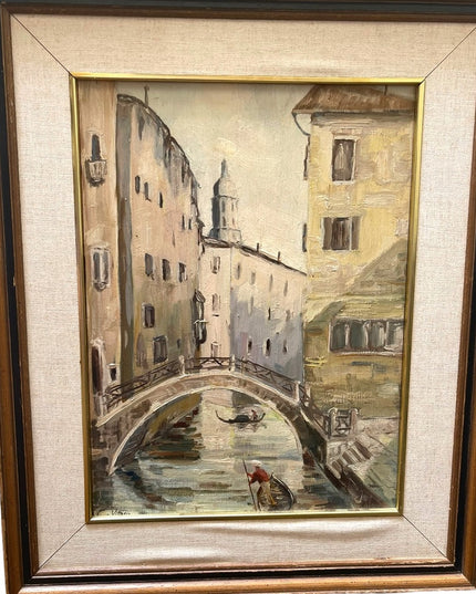 Vintage french painting signed Vittorio 1961 Venice canal framed wood masonite