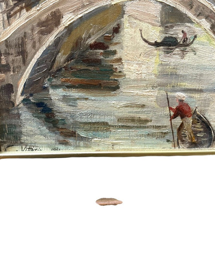 Vintage french painting signed Vittorio 1961 Venice canal framed wood masonite