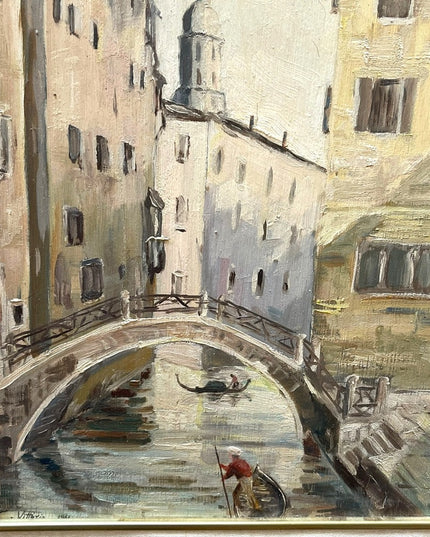 Vintage french painting signed Vittorio 1961 Venice canal framed wood masonite