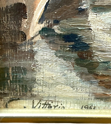 Vintage french painting signed Vittorio 1961 Venice canal framed wood masonite