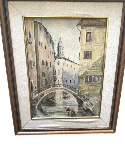 Vintage french painting signed Vittorio 1961 Venice canal framed wood masonite