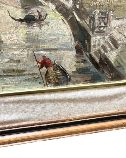 Vintage french painting signed Vittorio 1961 Venice canal framed wood masonite